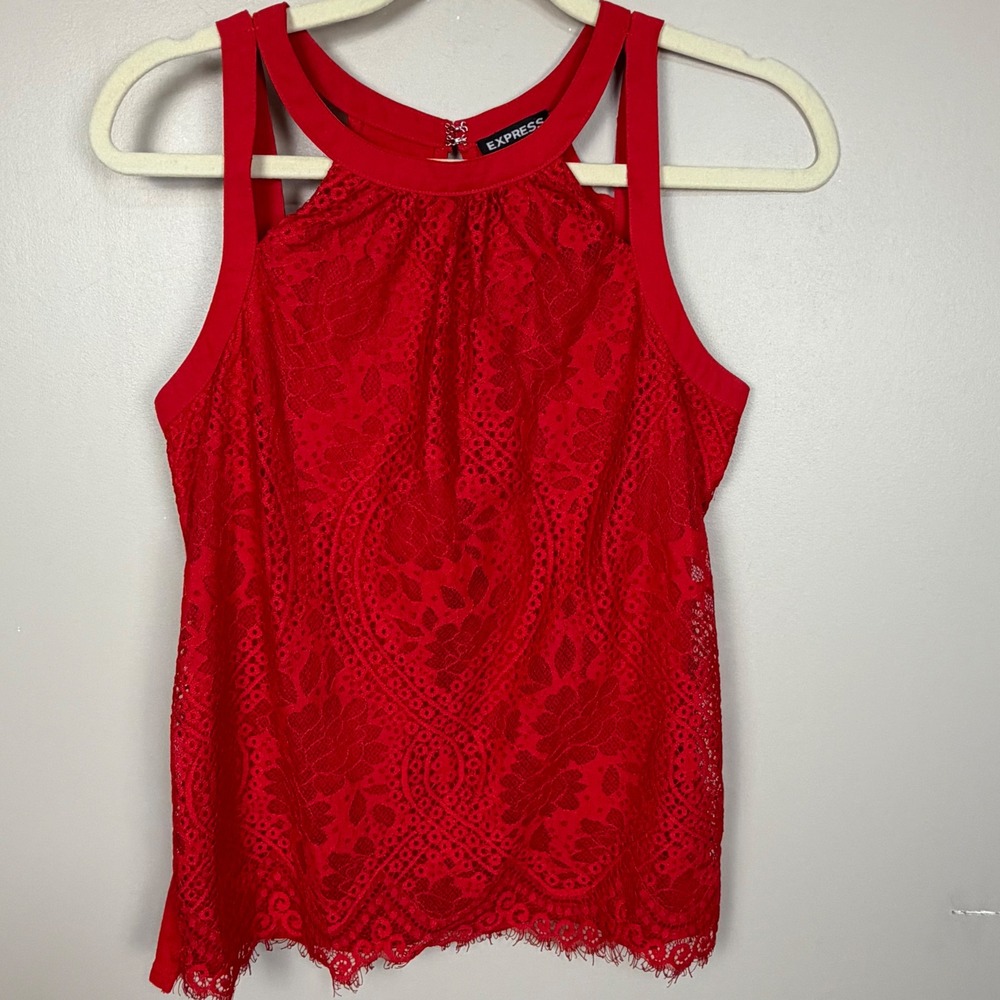 Express Womens Red Floral Lace Halter Top Sleeveless Keyhole Back‎ Small